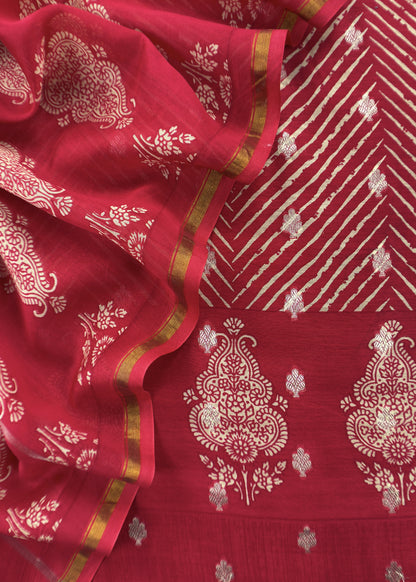 Red Maheshwari Silk Unstitched Suit With Leheriya And Block Print