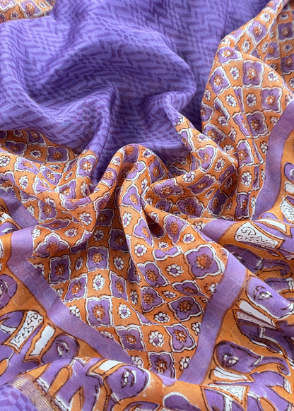 Orange Gulbahar Pure Mulmul unstitched Suit Fabric With Jaipuri Handblock Print