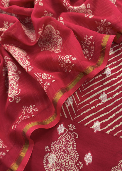Red Maheshwari Silk Unstitched Suit With Leheriya And Block Print