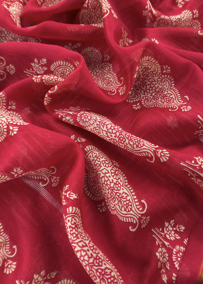 Red Maheshwari Silk Unstitched Suit With Leheriya And Block Print