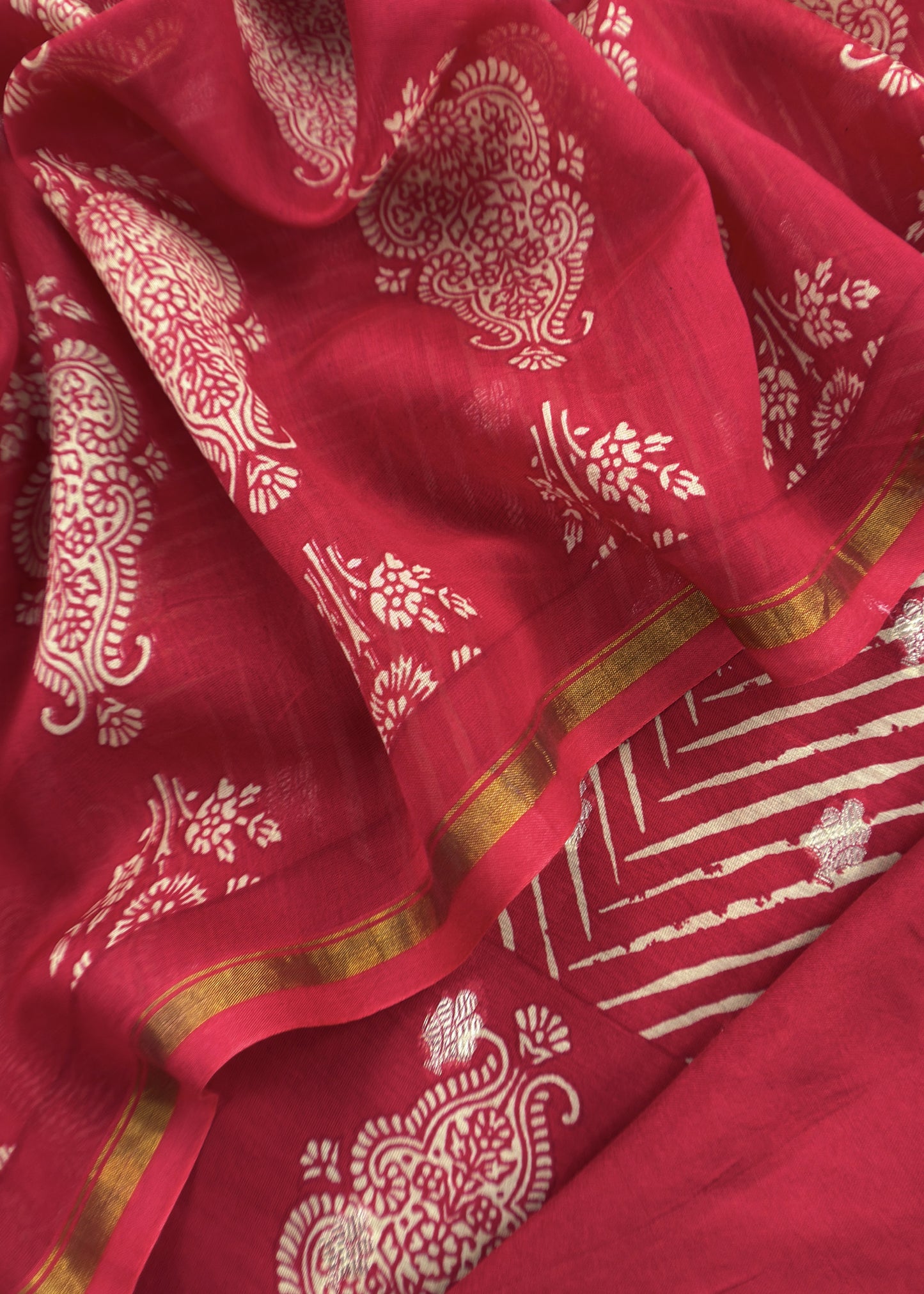 Red Maheshwari Silk Unstitched Suit With Leheriya And Block Print