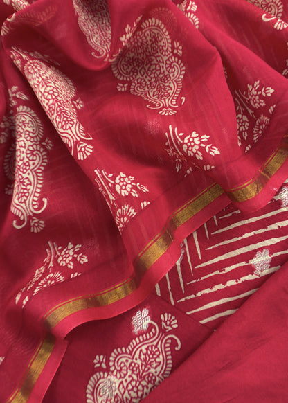 Red Maheshwari Silk Unstitched Suit With Leheriya And Block Print
