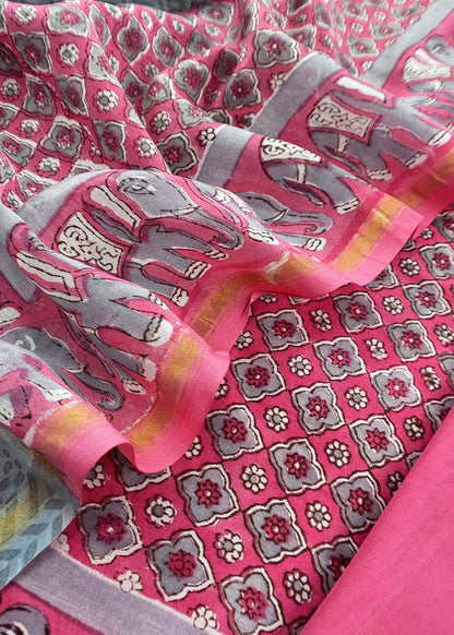 Pink Gulbahar Pure Mulmul unstitched Suit Fabric With Jaipuri Handblock Print