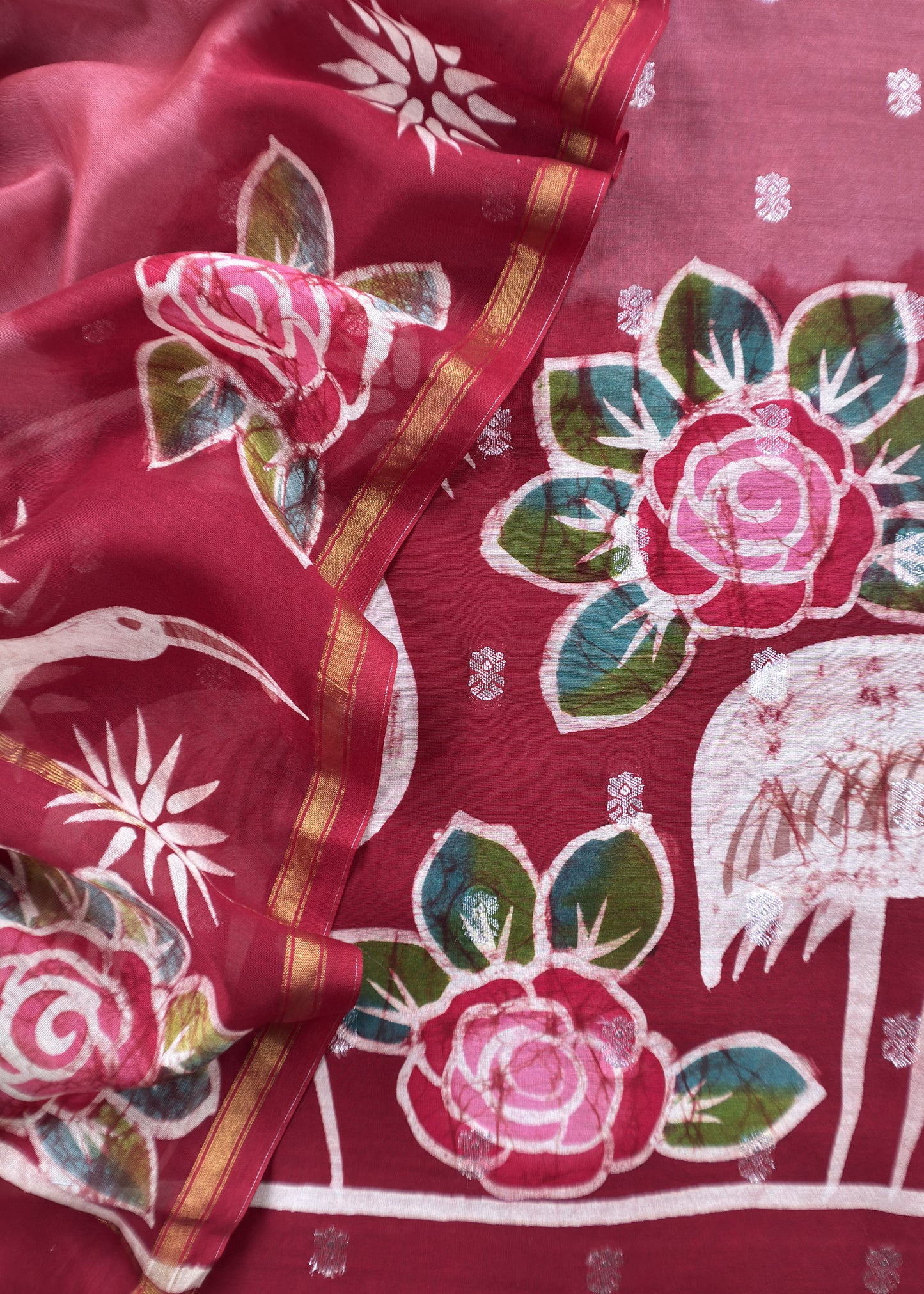 Brown Handpainted Hans and Flowers Maheshwari Silk Suit With Banarasi Bootis