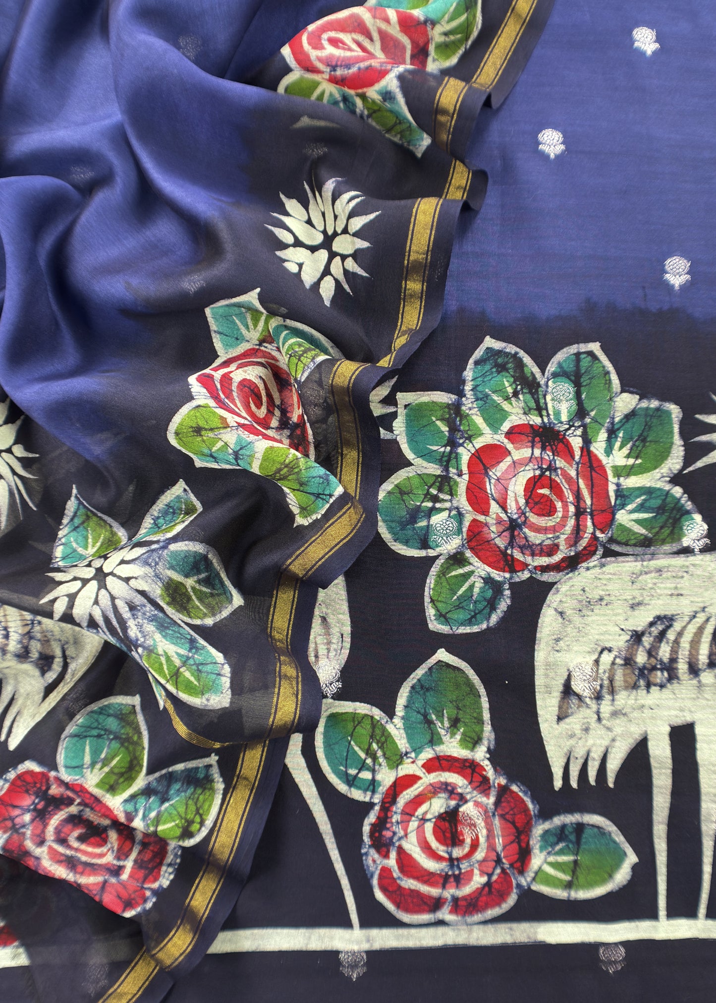 Blue Handpainted Hans and Flowers Maheshwari Silk Suit With Banarasi Bootis