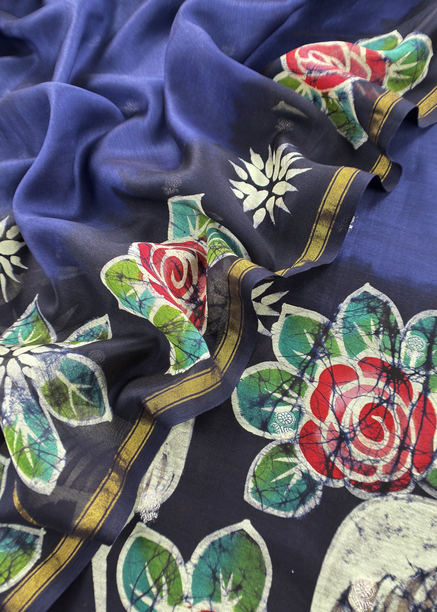 Blue Handpainted Hans and Flowers Maheshwari Silk Suit With Banarasi Bootis