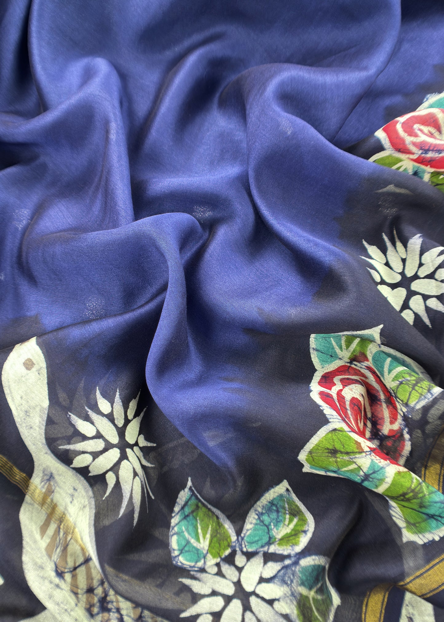 Blue Handpainted Hans and Flowers Maheshwari Silk Suit With Banarasi Bootis