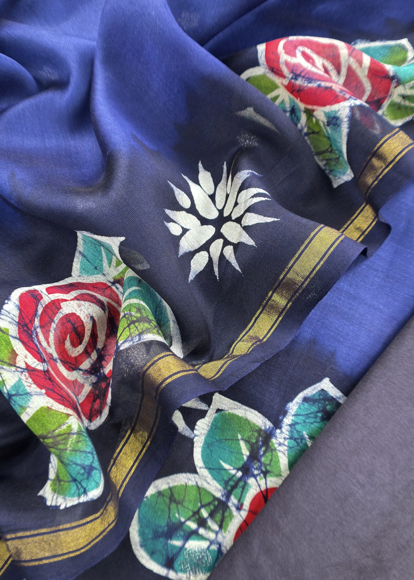 Blue Handpainted Hans and Flowers Maheshwari Silk Suit With Banarasi Bootis