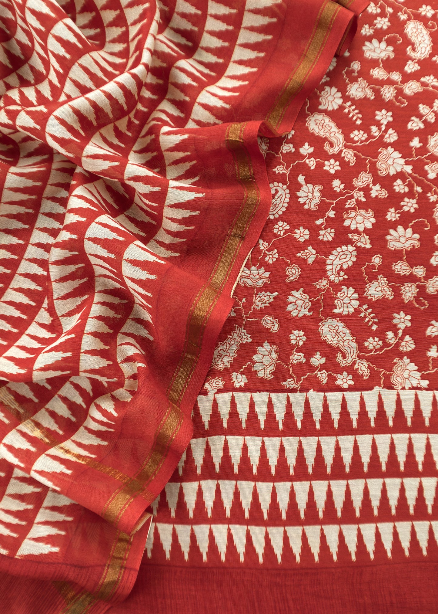 Orange Block Print Handloom Maheshwari Silk Suit Fabric