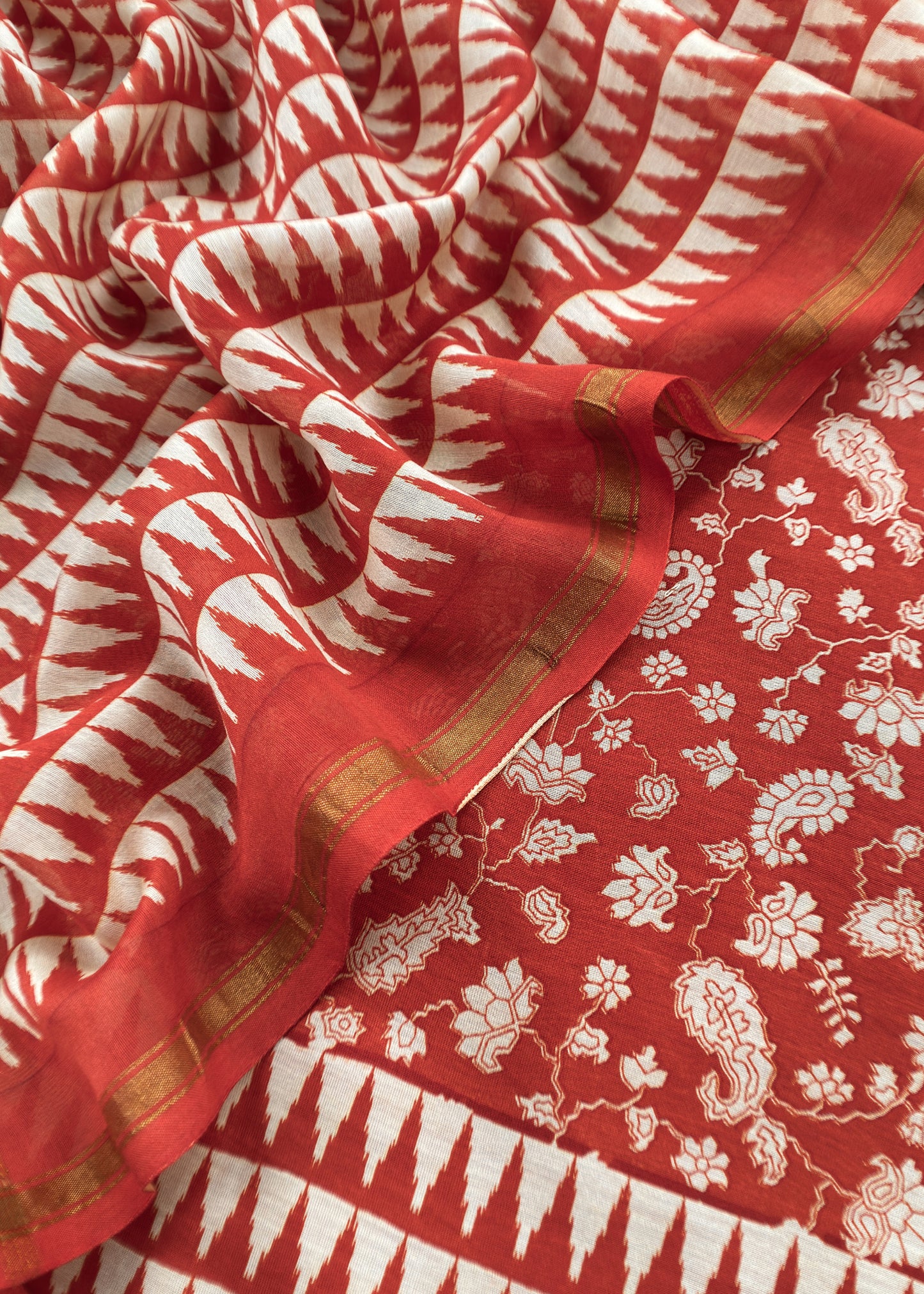 Orange Block Print Handloom Maheshwari Silk Suit Fabric