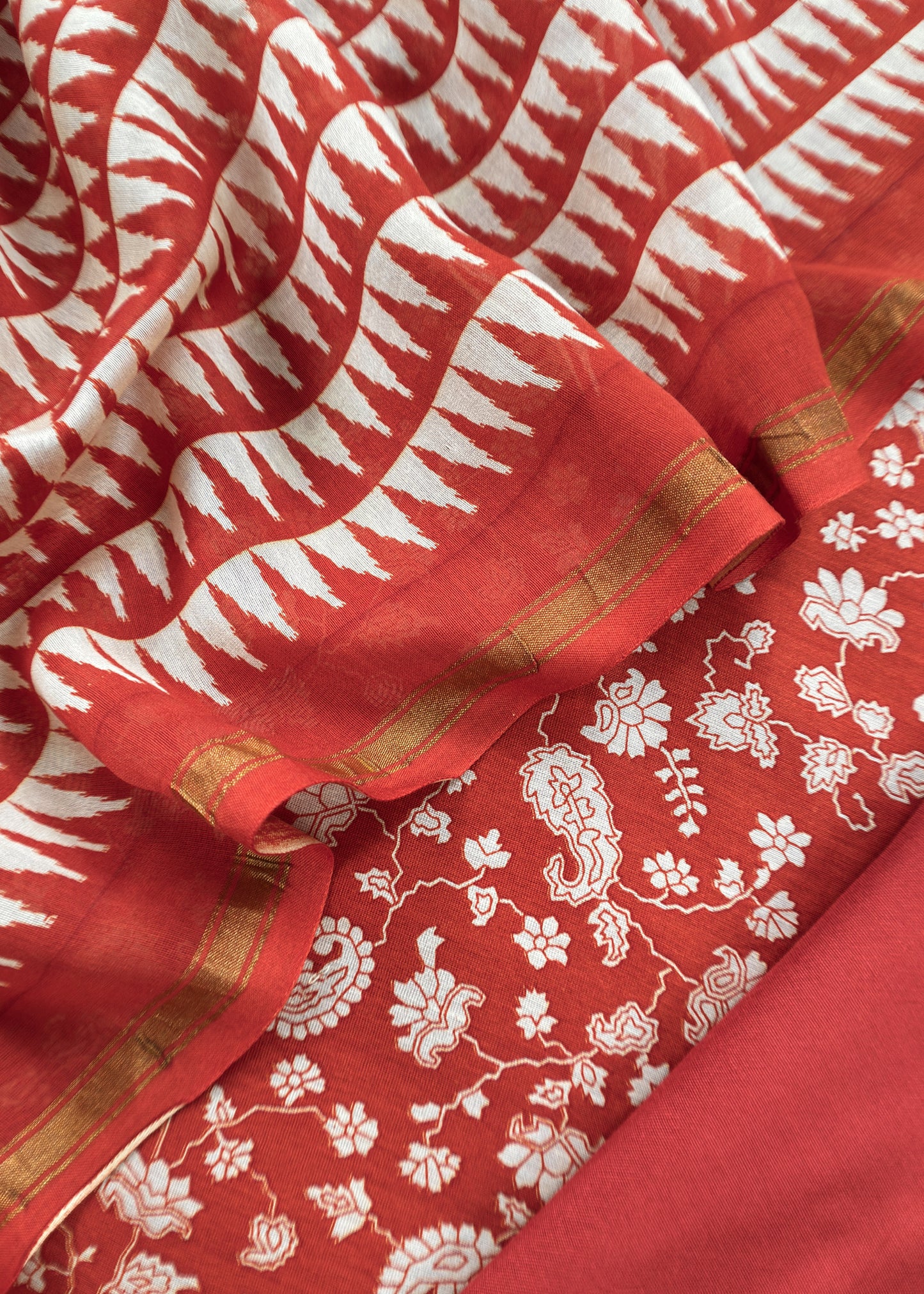 Orange Block Print Handloom Maheshwari Silk Suit Fabric