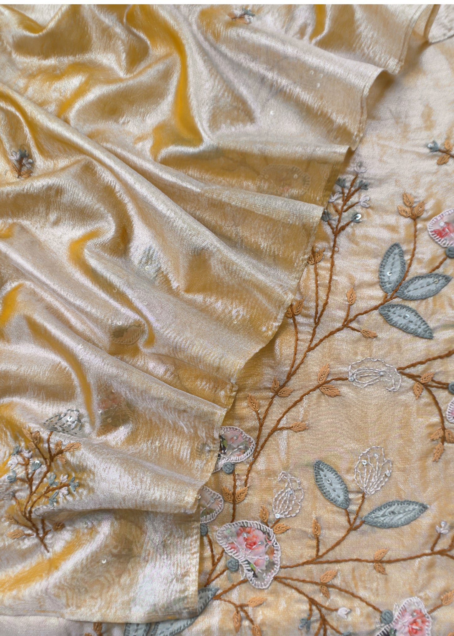 Yellow Tissue Silk Suit With Thread Embroidery And Patch Work