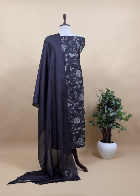 Sahiba 2025 Charcoal Black Handloom Desi Tussar Suit With Pitta And Appliqué Work