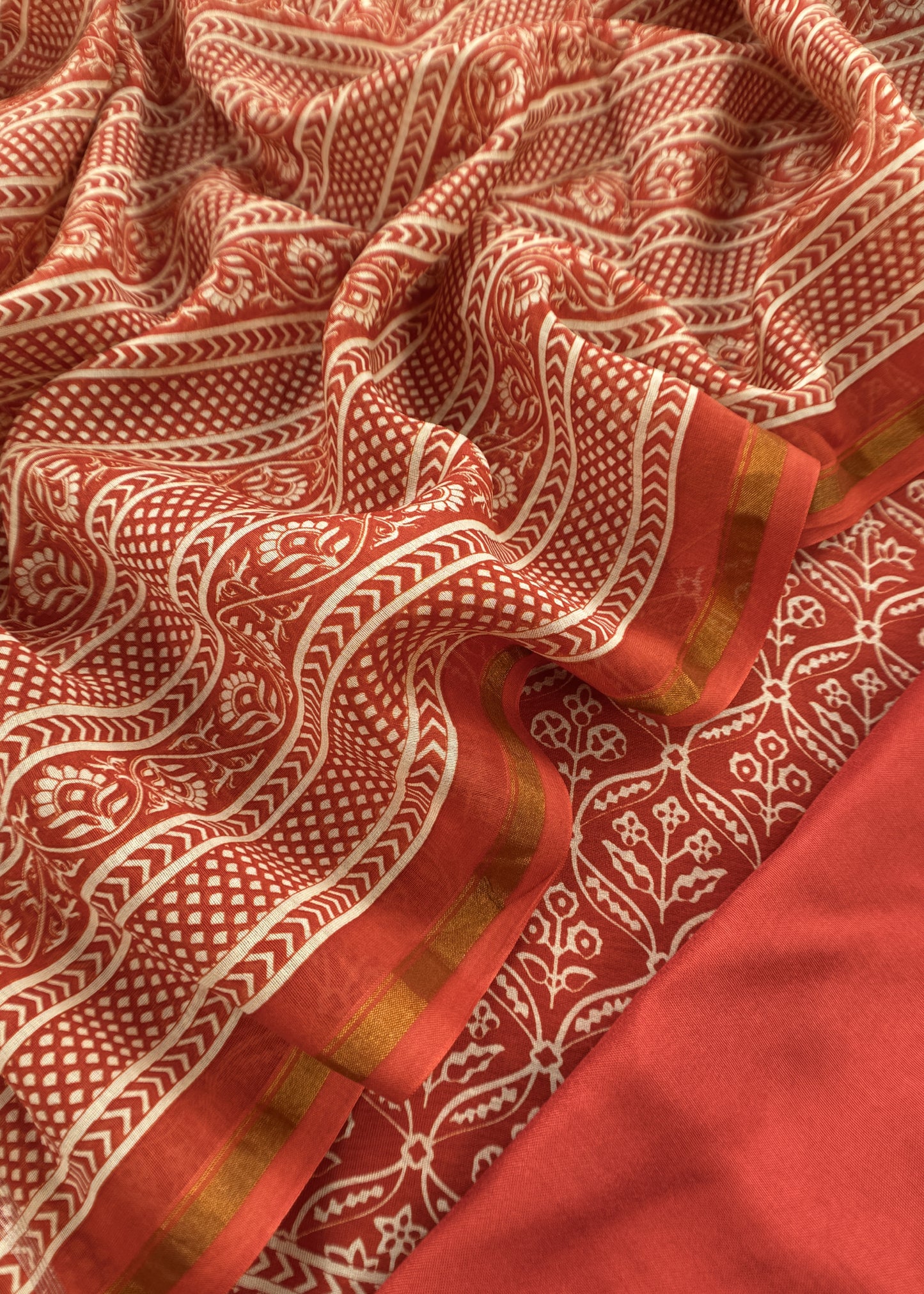 Orange Block Print Handloom Maheshwari Silk Suit Fabric