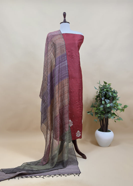Sahiba 2025 Dark Rust Red Handloom Desi Tussar Kurta With Zardosi Work And Ghicha Tussar Dupatta