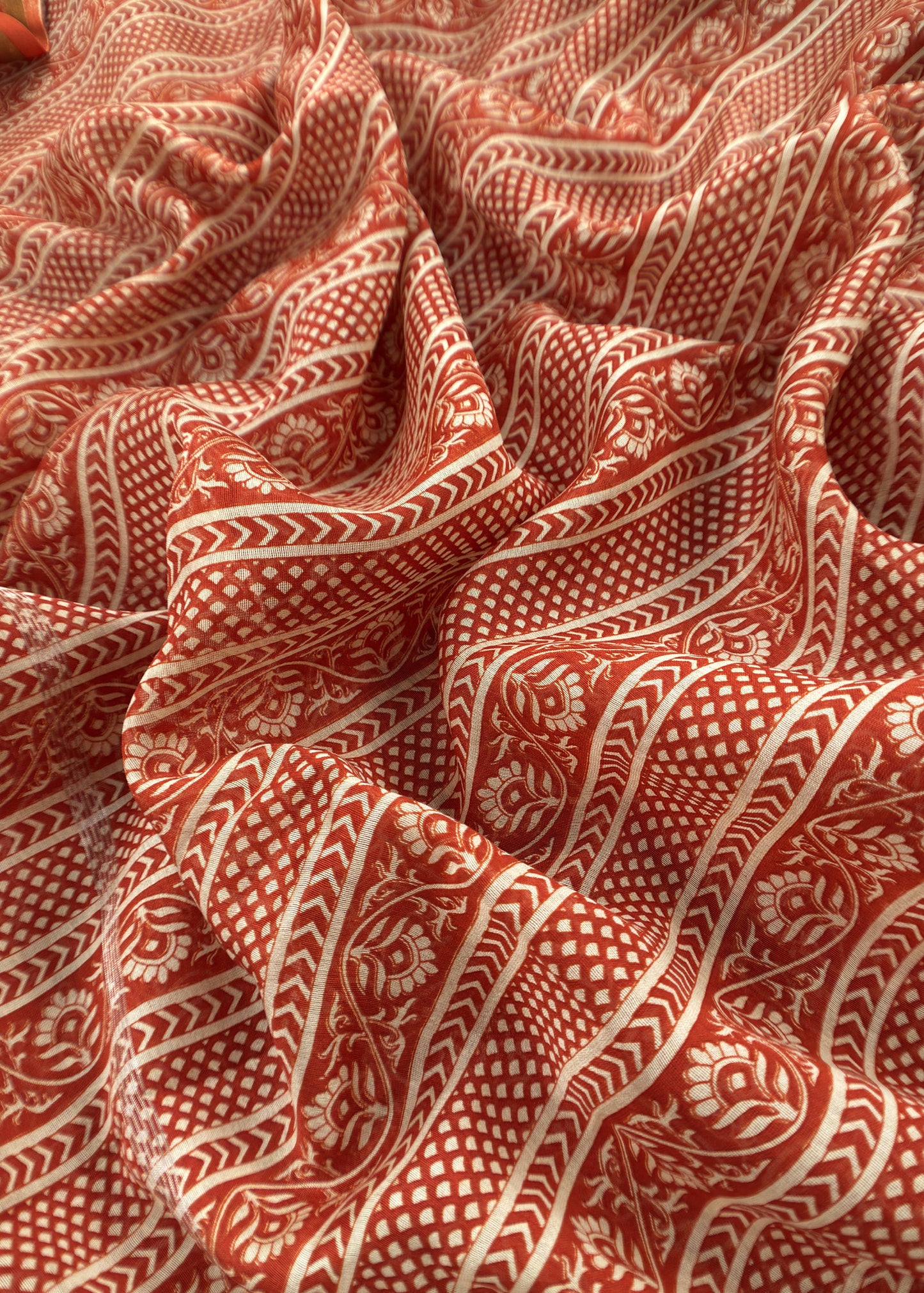 Orange Block Print Handloom Maheshwari Silk Suit Fabric