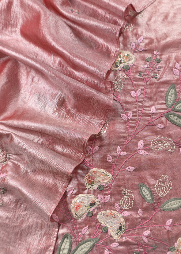Red Tissue Silk Suit With Thread Embroidery And Patch Work