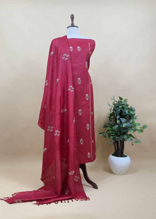 Sahiba 2025 Sangria Red Pintuck Handloom Desi Tussar Suit with Zardosi and Resham Embroidery