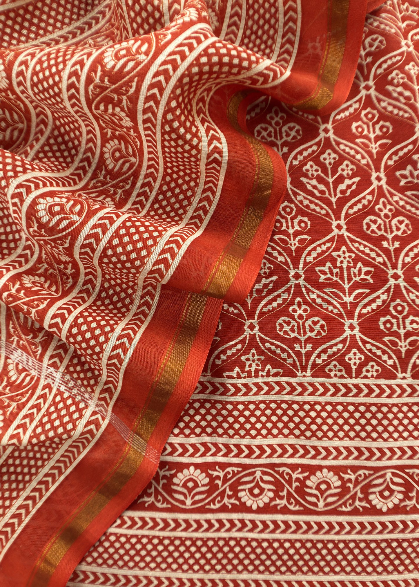 Orange Block Print Handloom Maheshwari Silk Suit Fabric