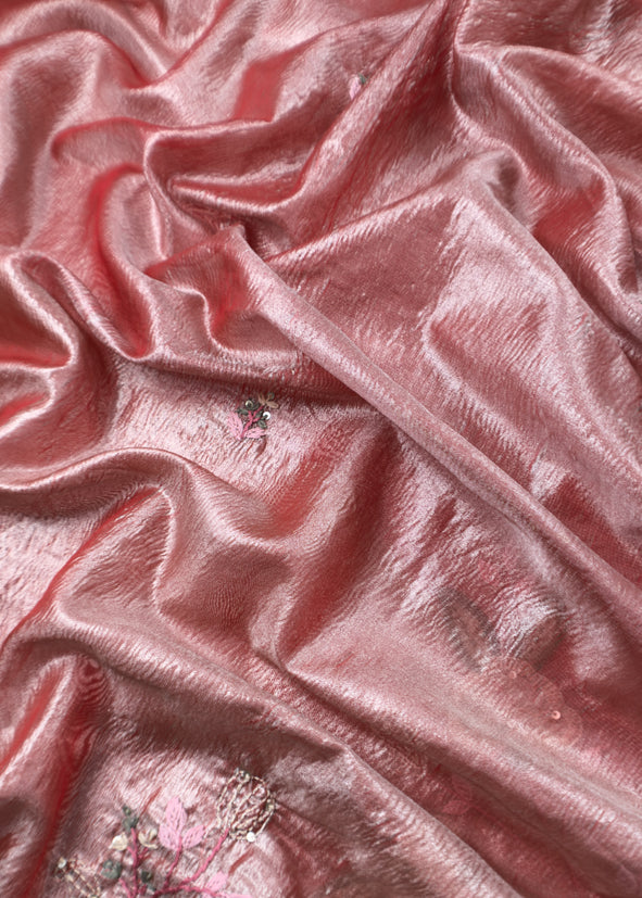 Red Tissue Silk Suit With Thread Embroidery And Patch Work