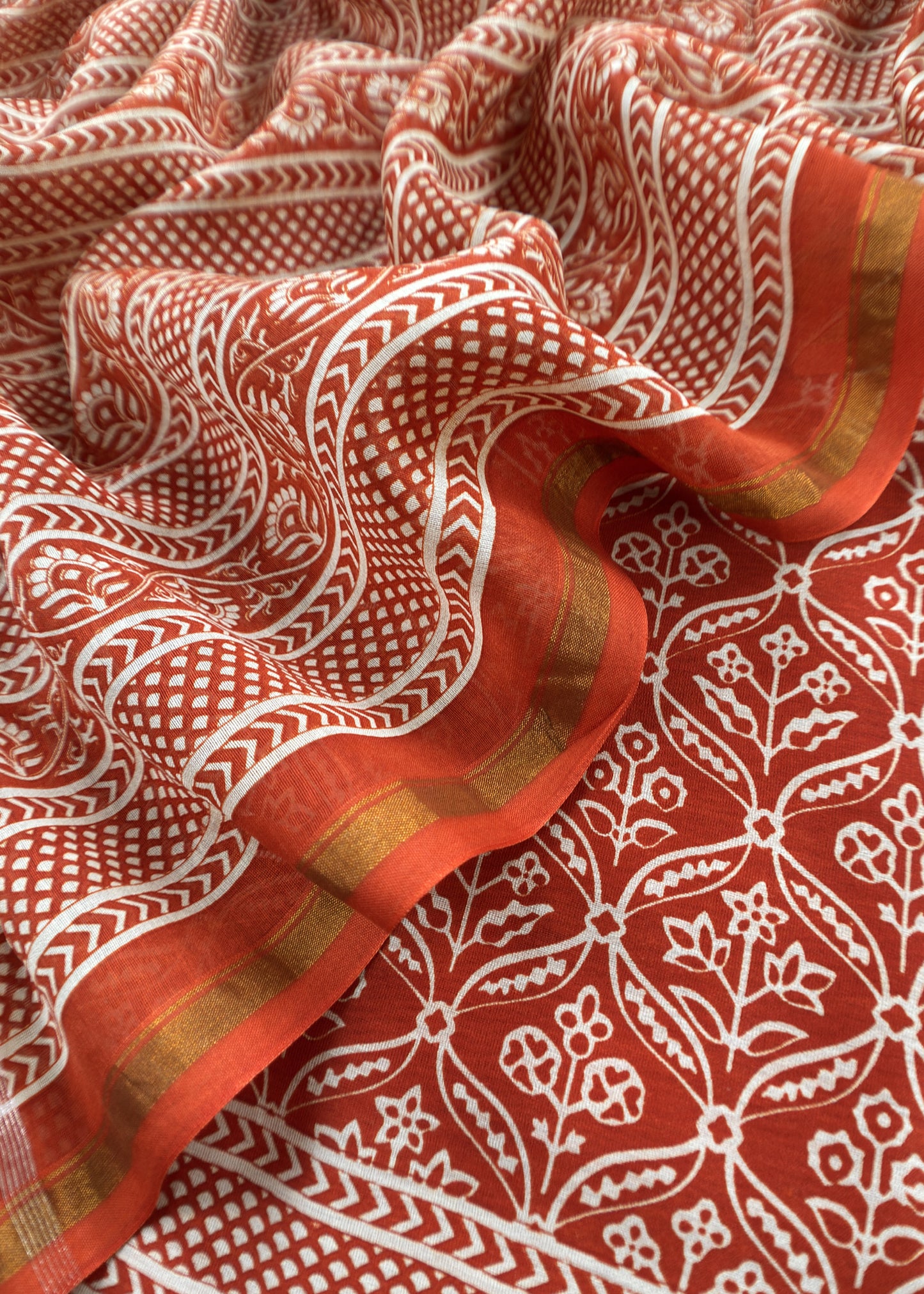 Orange Block Print Handloom Maheshwari Silk Suit Fabric