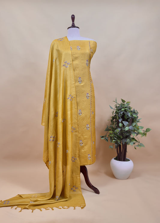 Sahiba 2025 Marigold Yellow Pintuck Handloom Desi Tussar Suit With Zardosi And Resham Embroidery