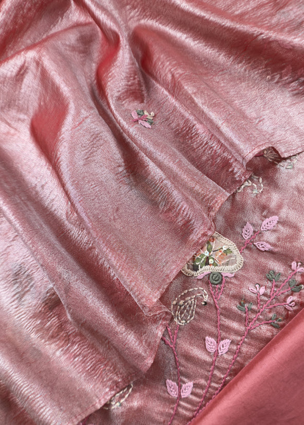 Red Tissue Silk Suit With Thread Embroidery And Patch Work