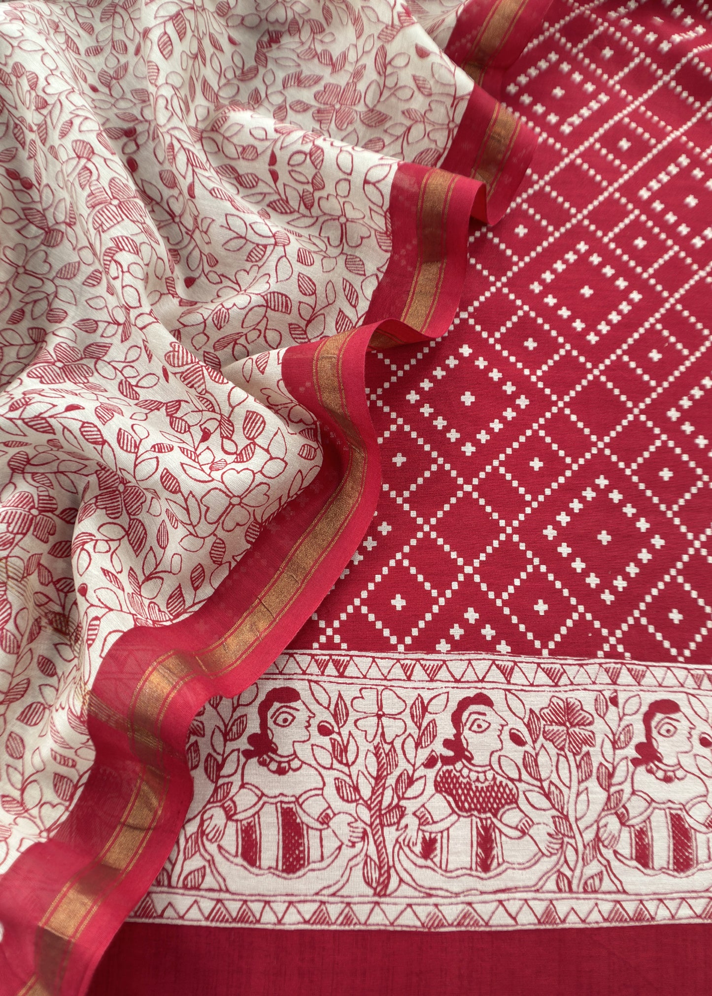 Red Bandhani Suit In Maheshwari With Madhubani Dupatta