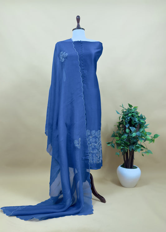 Royal Blue Handwoven Silk kurta And Kora Silk Dupatta With Pitta And Appliqué Work
