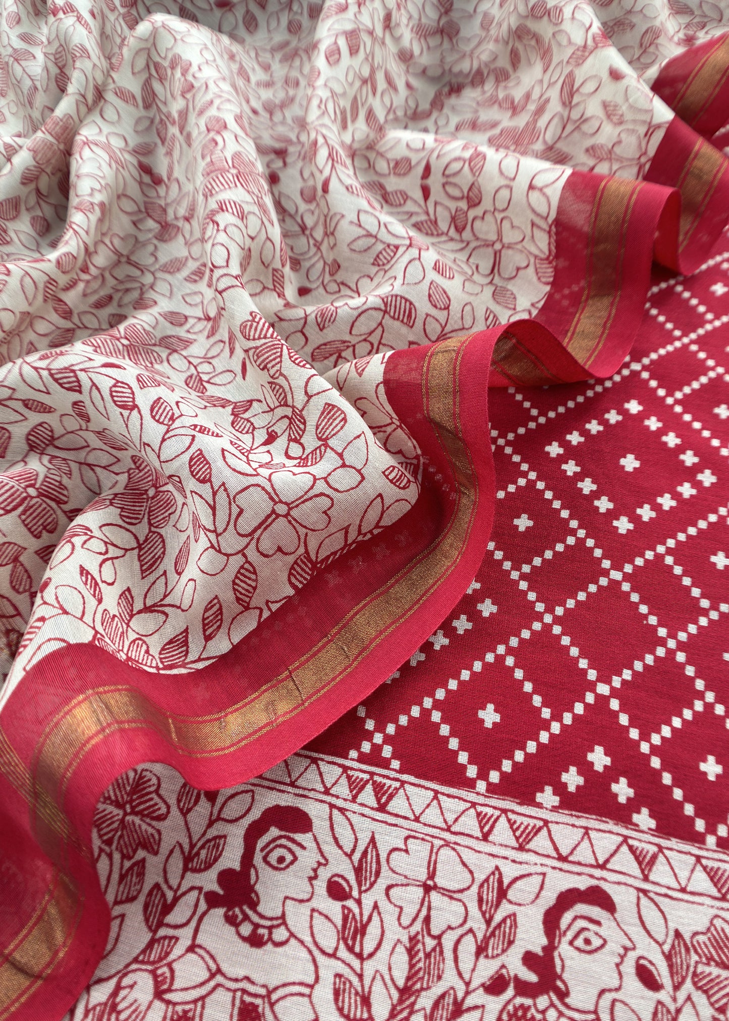 Red Bandhani Suit In Maheshwari With Madhubani Dupatta