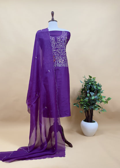 Royal Purple Handwoven Silk Kurta And Kora Silk Dupatta With Dori Embroidery