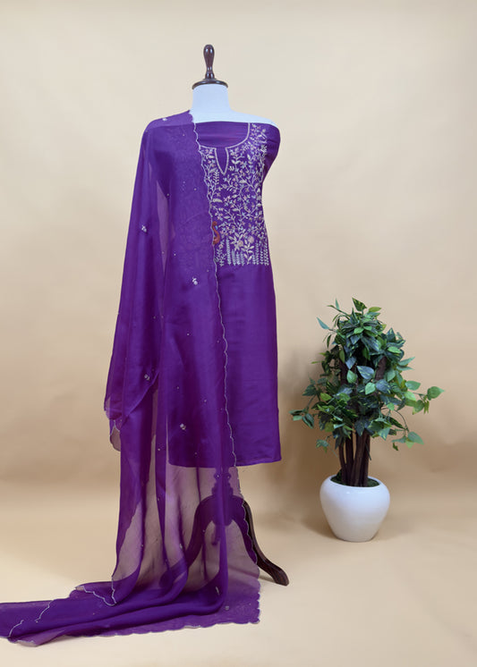 Royal Purple Handwoven Silk Kurta And Kora Silk Dupatta With Dori Embroidery