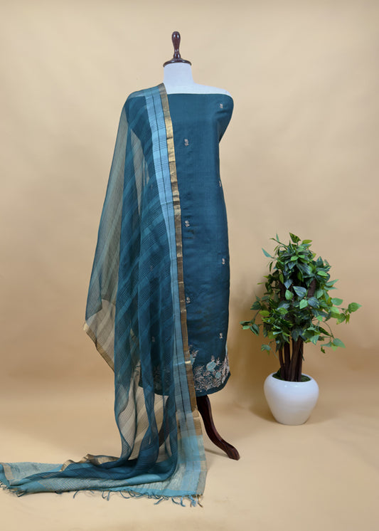 Sahiba 2025 Deep Sea Green Handloom Desi Tussar Kurta With Pitta And Appliqué Work And Handwoven Tissue Dupatta