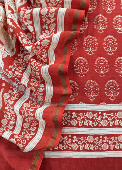 Orange Block Print Handloom Maheshwari Silk Suit Fabric