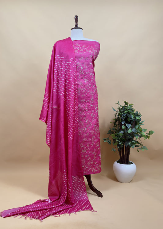 Sahiba 2025 Rani Pink Handloom Desi Tussar Kurta With Pitta Work And Bandhani Dupatta