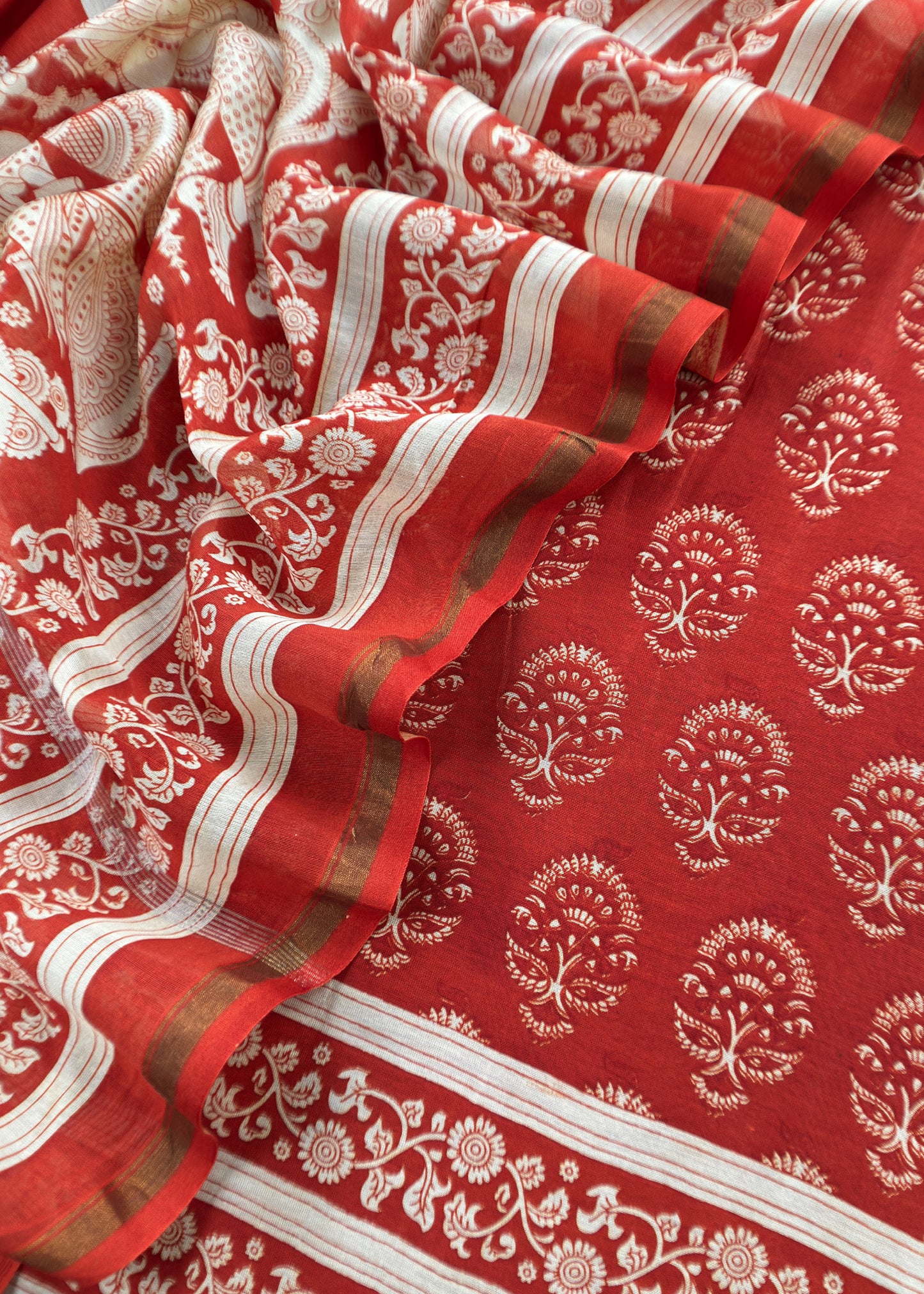 Orange Block Print Handloom Maheshwari Silk Suit Fabric