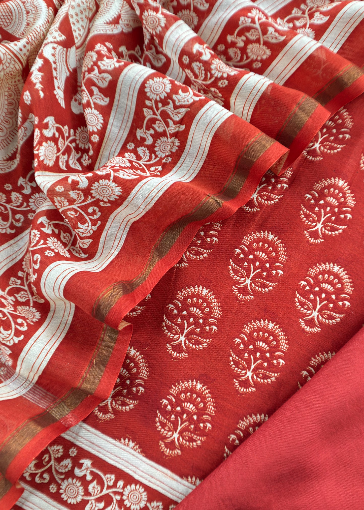 Orange Block Print Handloom Maheshwari Silk Suit Fabric