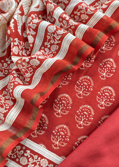 Orange Block Print Handloom Maheshwari Silk Suit Fabric