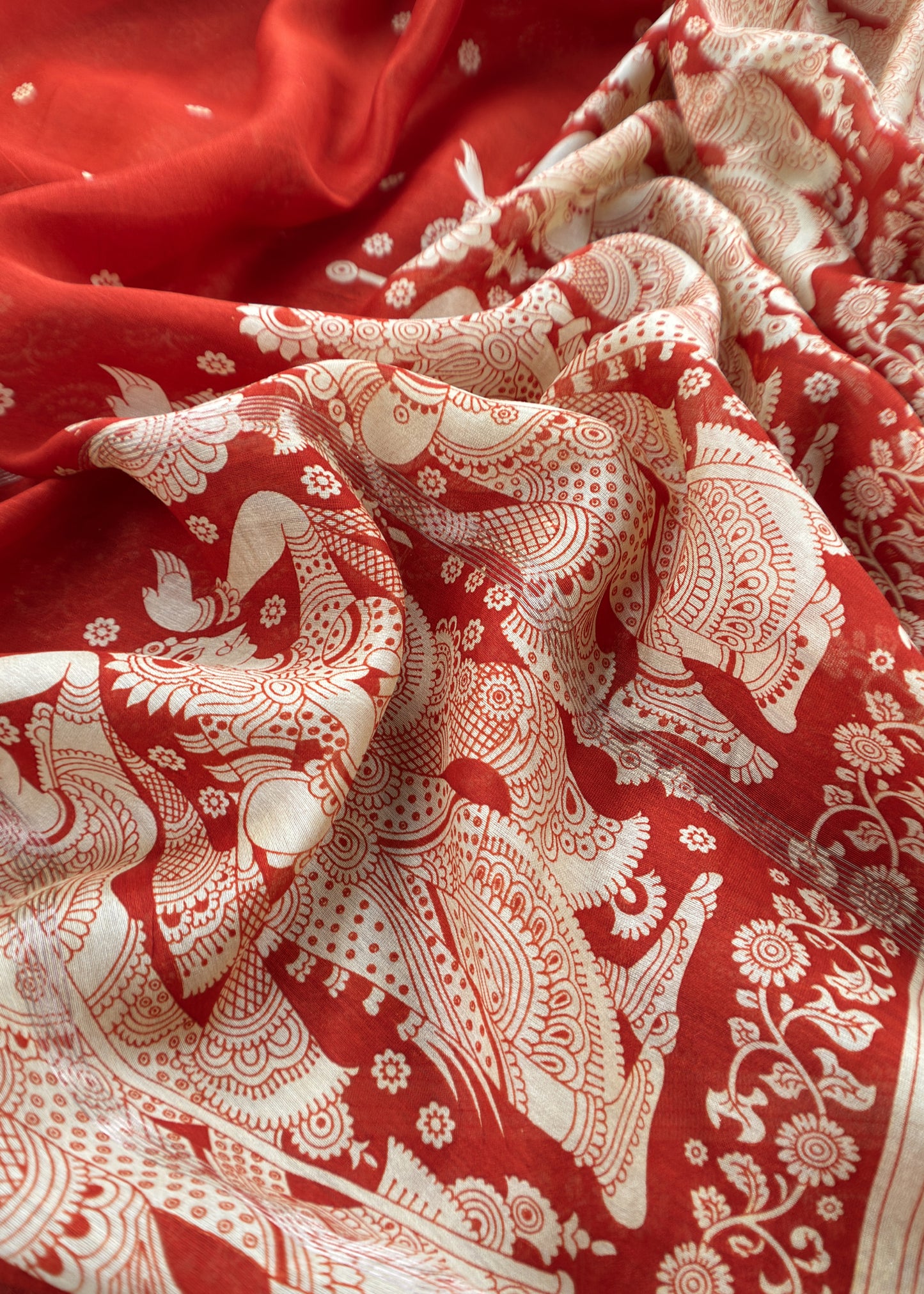 Orange Block Print Handloom Maheshwari Silk Suit Fabric