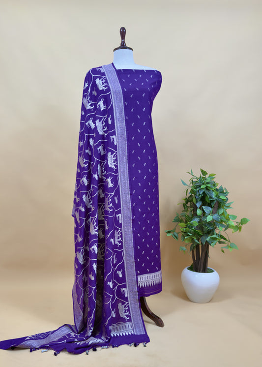 Kalasheel Luxe Purple Handloom Munga Silk Suit With Shikagarh Gold Weaving