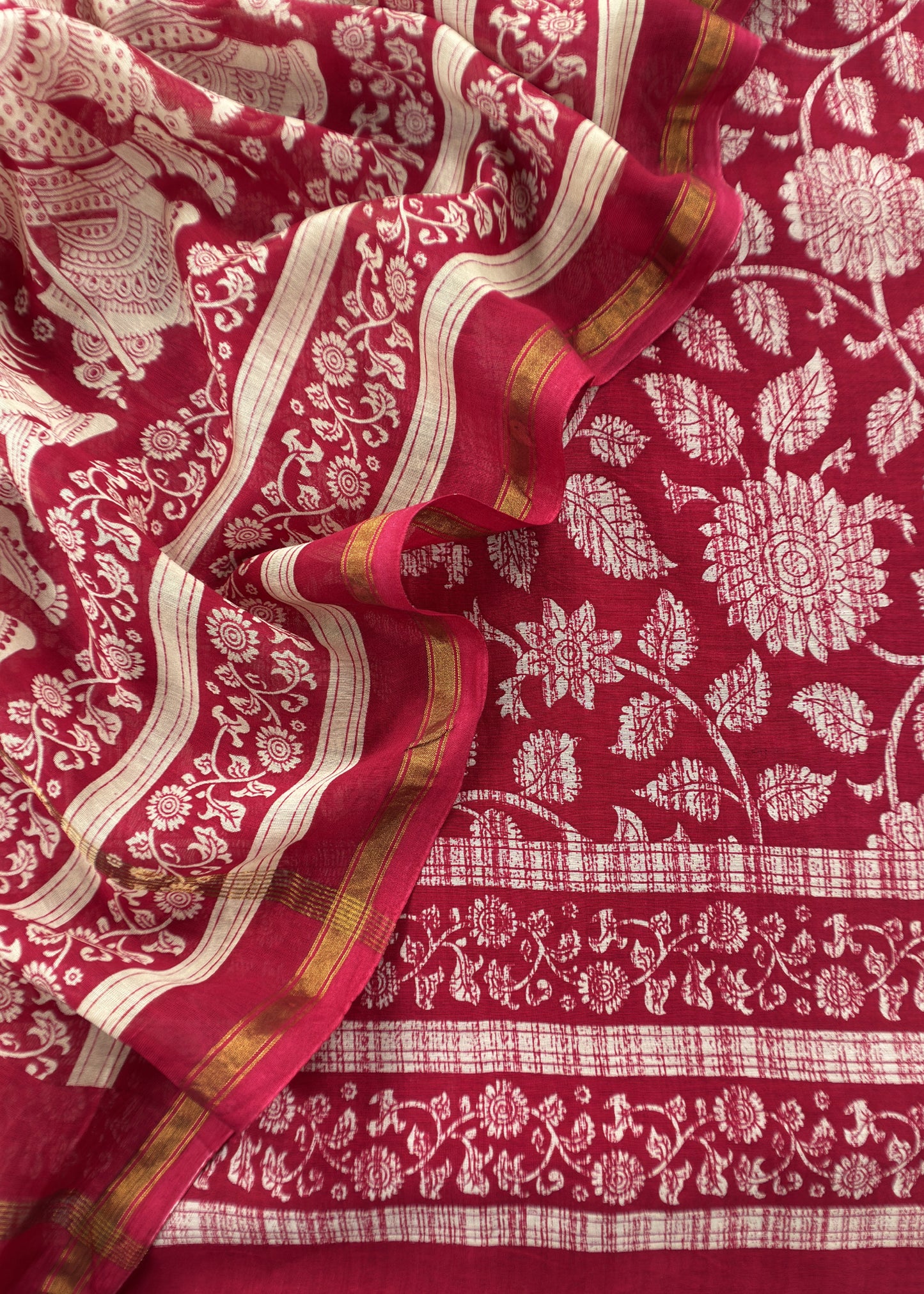 Red Maheshwari Silk Suit With Kalamkari Dupatta