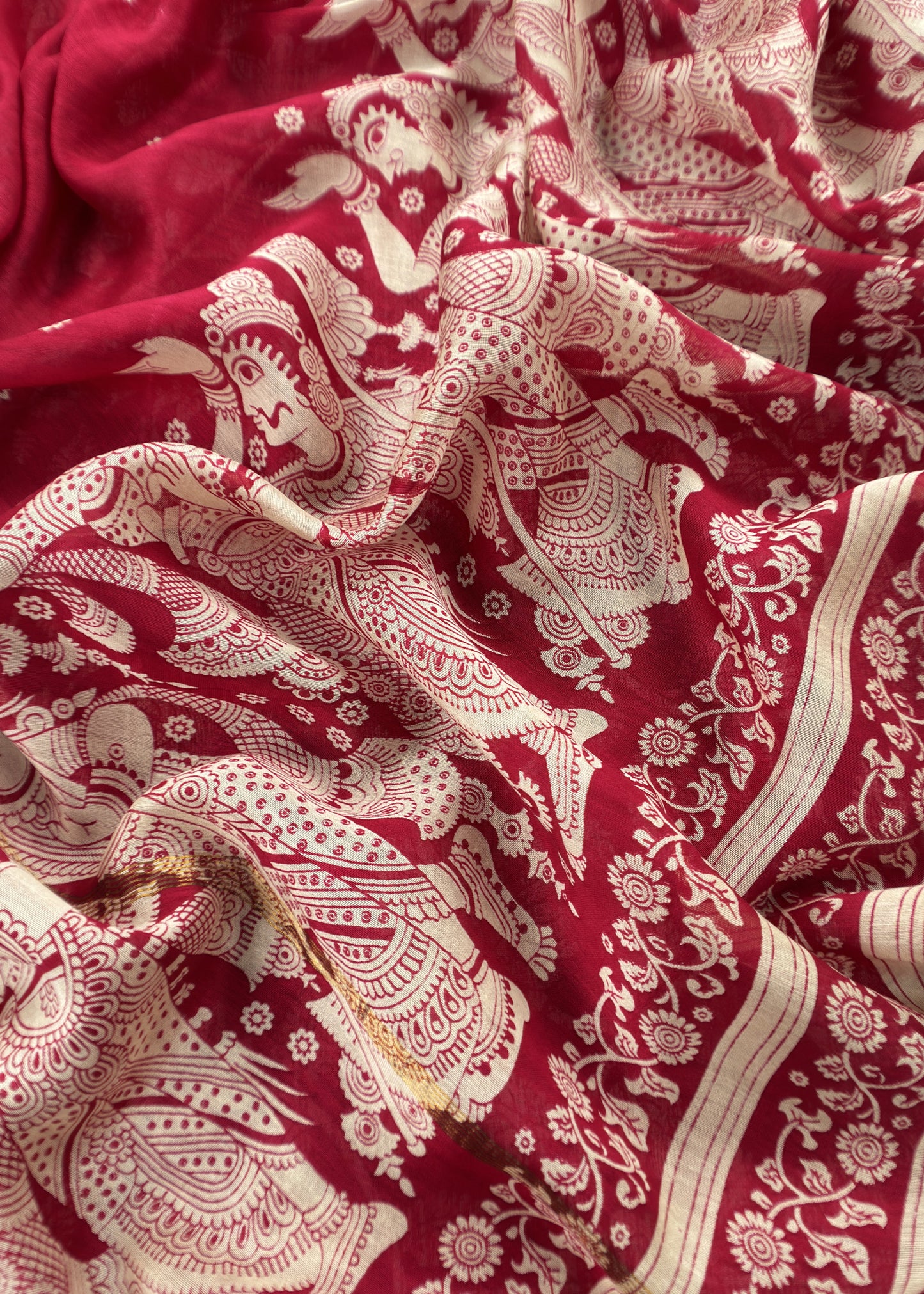 Red Maheshwari Silk Suit With Kalamkari Dupatta