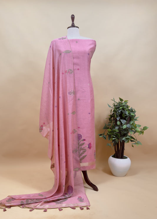 Light Pink Chanderi Dupatta-Suit with Phool Jamdani weaving and gold detailings