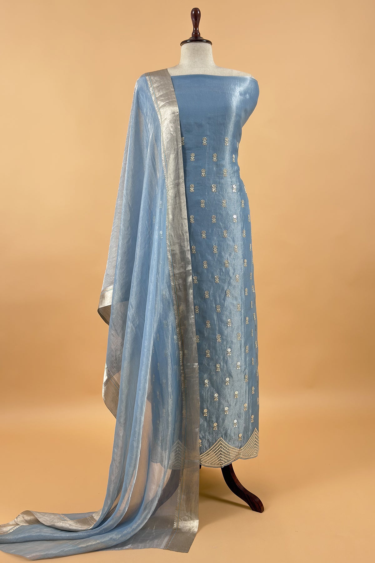 Blue Luxe Handloom Tissue Silk Unstitched Suit With Mirror Work