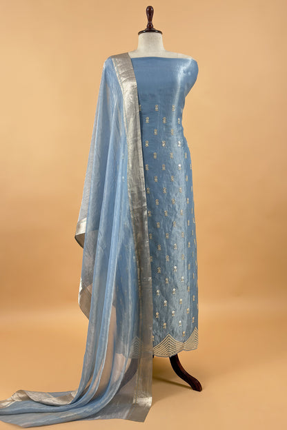 Blue Luxe Handloom Tissue Silk Unstitched Suit With Mirror Work