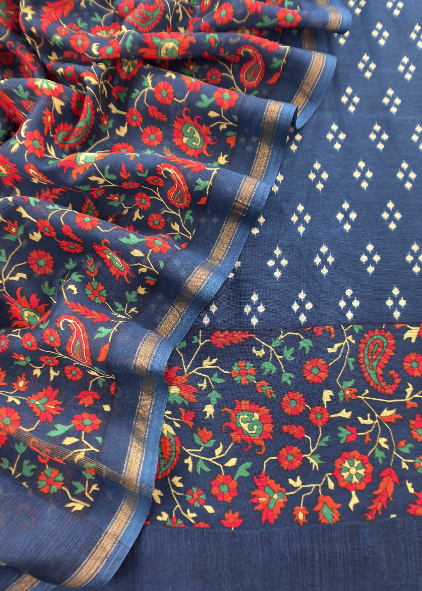 Blue Maheshwari Silk Unstitched Suit With Bandhani And Kani Print