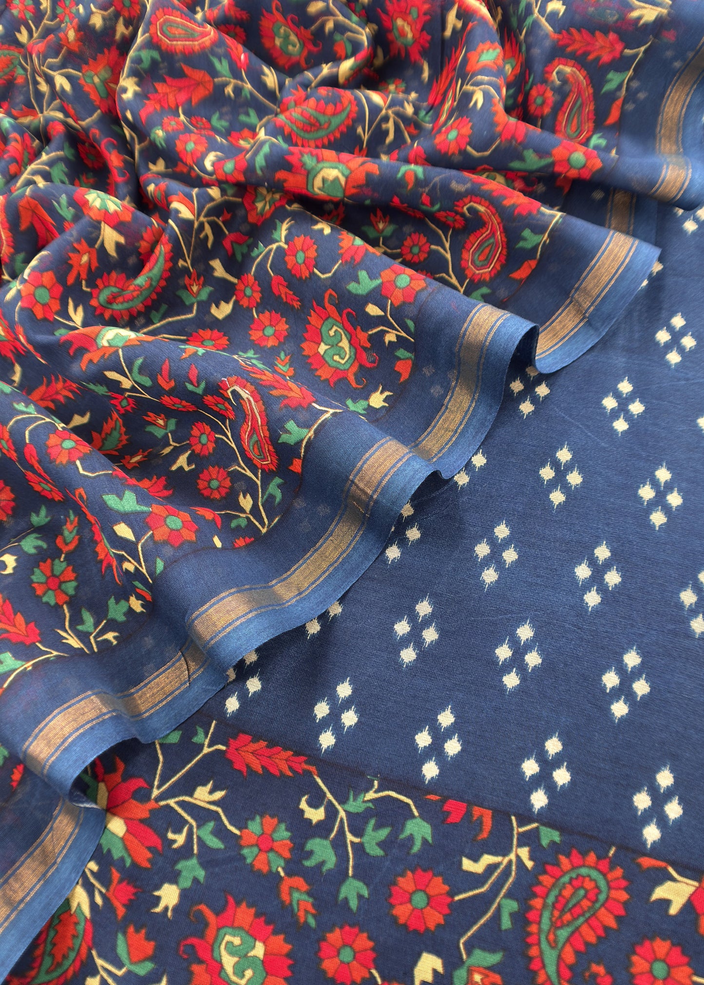 Blue Maheshwari Silk Unstitched Suit With Bandhani And Kani Print