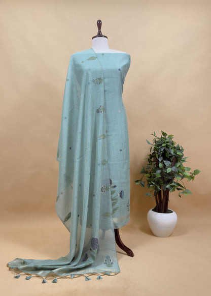 Light Blue Chanderi Dupatta-Suit with Phool Jamdani weaving and gold detailings