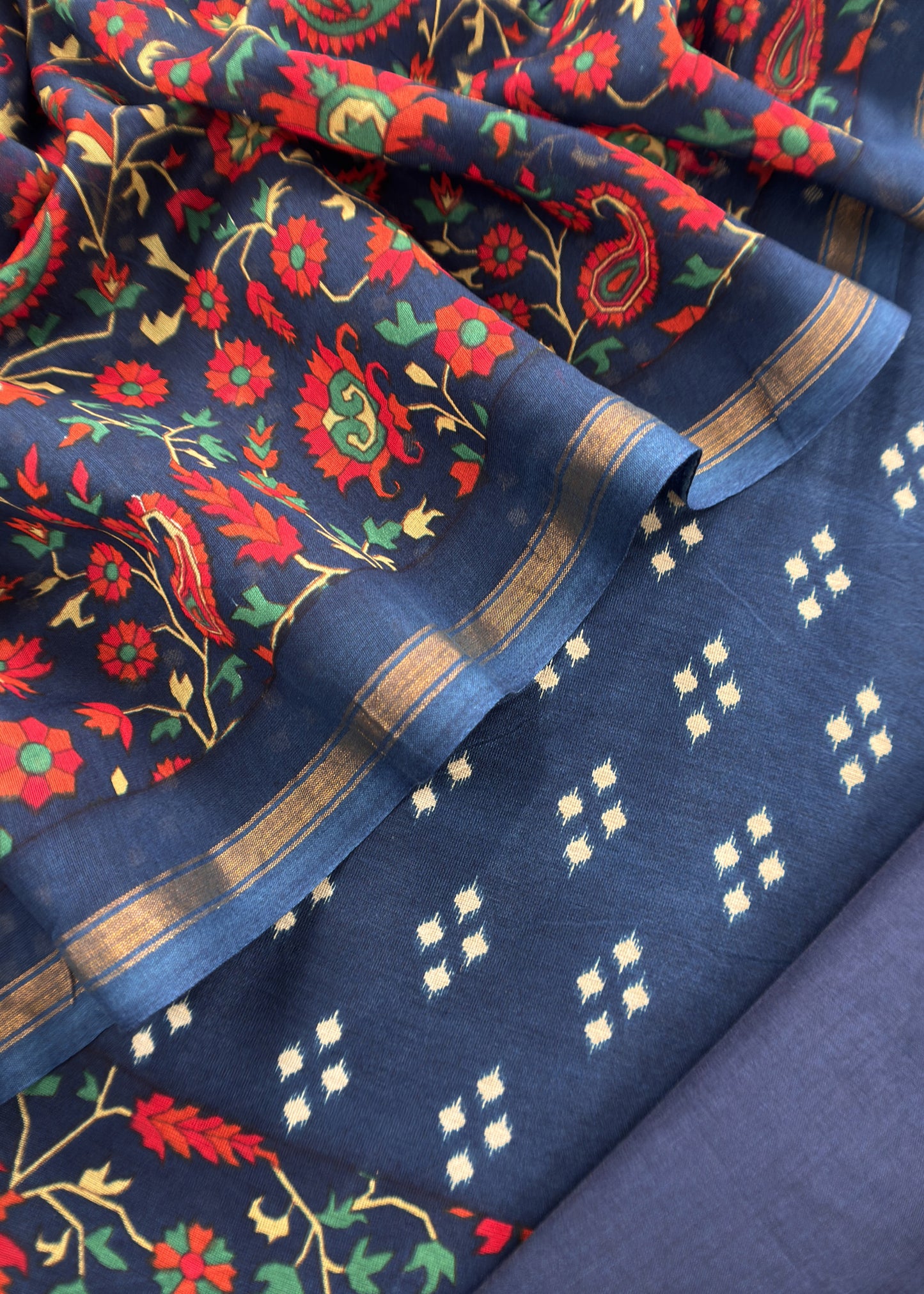 Blue Maheshwari Silk Unstitched Suit With Bandhani And Kani Print