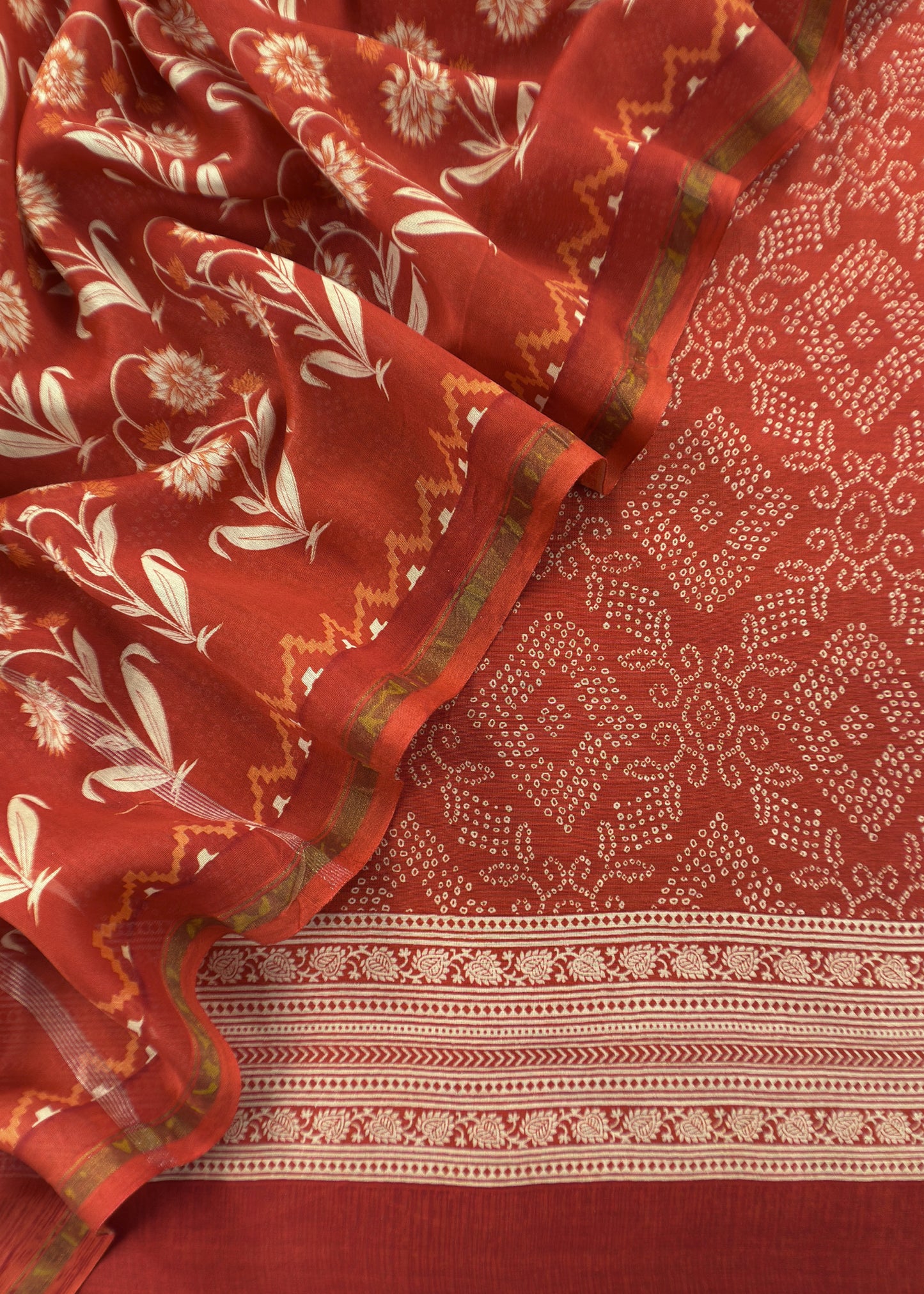 Orange Block Print Handloom Maheshwari Silk Suit Fabric